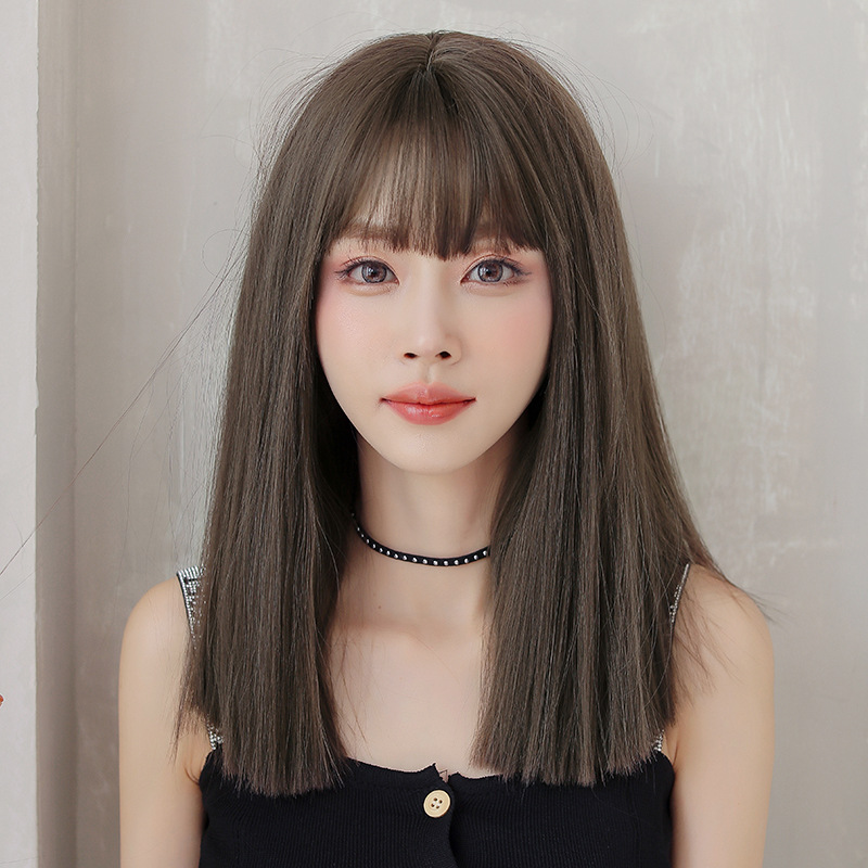 Black air bangs medium length straight hair,wig