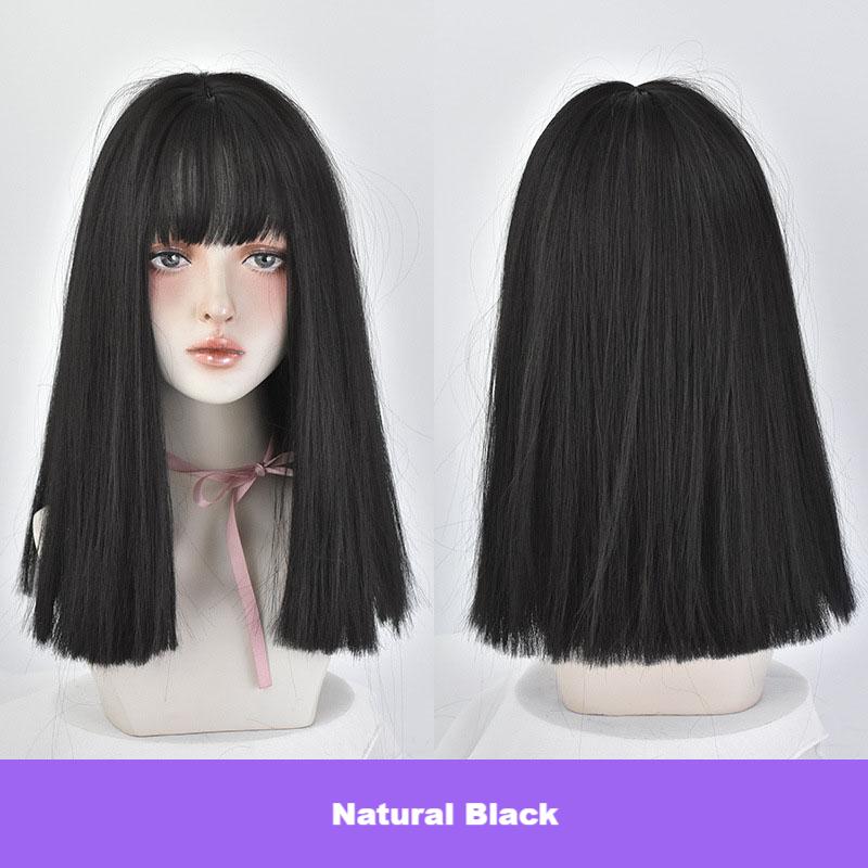 Black air bangs medium length straight hair,wig
