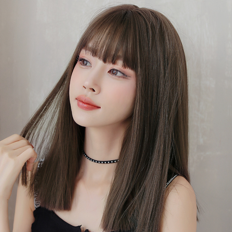 Black air bangs medium length straight hair,wig
