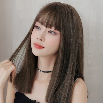 Black air bangs medium length straight hair,wig 01