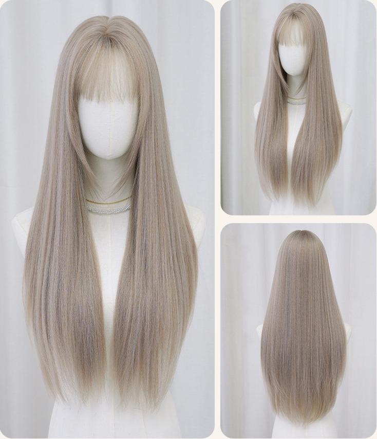 Milk tea gray brown with bangs long straight hair,wig