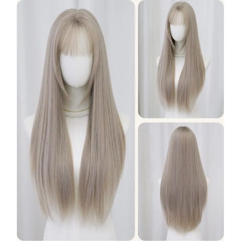 Milk tea gray brown with bangs long straight hair,wig