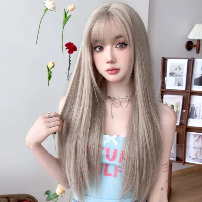 Milk tea gray brown with bangs long straight hair,wig 01