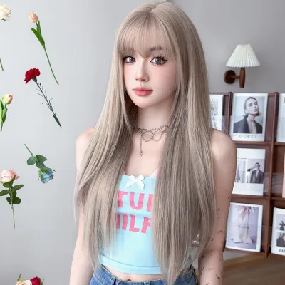 Milk tea gray brown with bangs long straight hair,wig 02