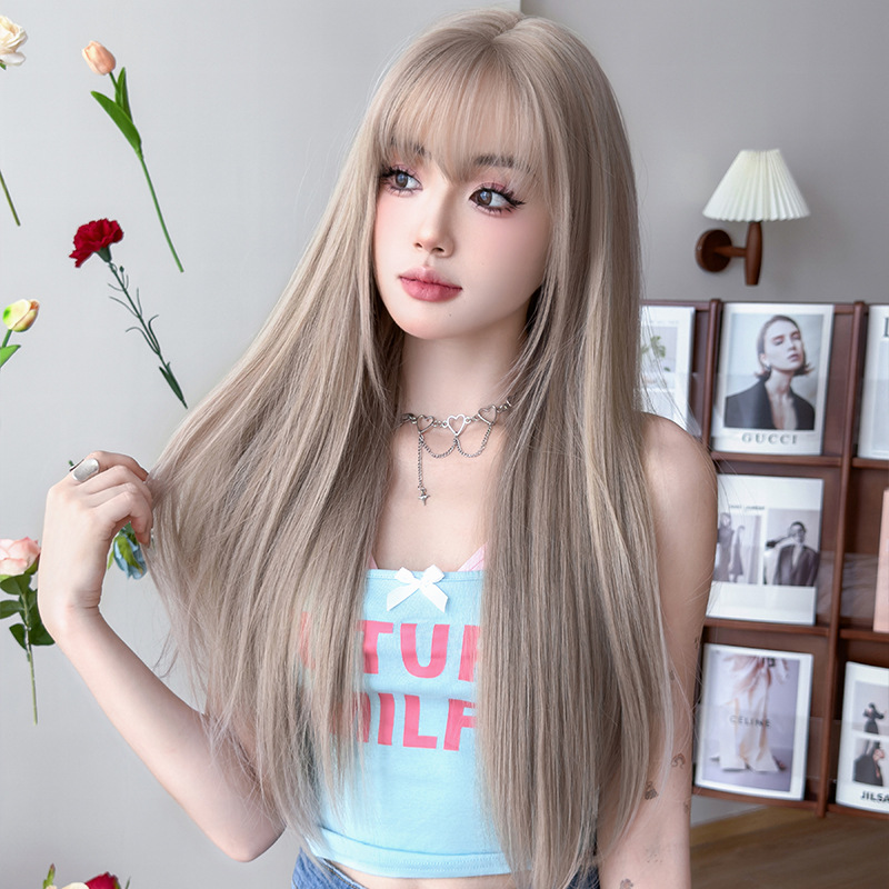 Milk tea gray brown with bangs long straight hair,wig