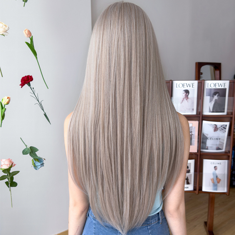 Milk tea gray brown with bangs long straight hair,wig