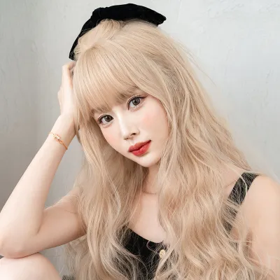 Women's light gold long curly headband with bangs,wig 02