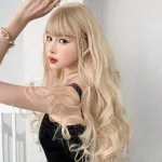 Women's light gold long curly headband with bangs,wig
