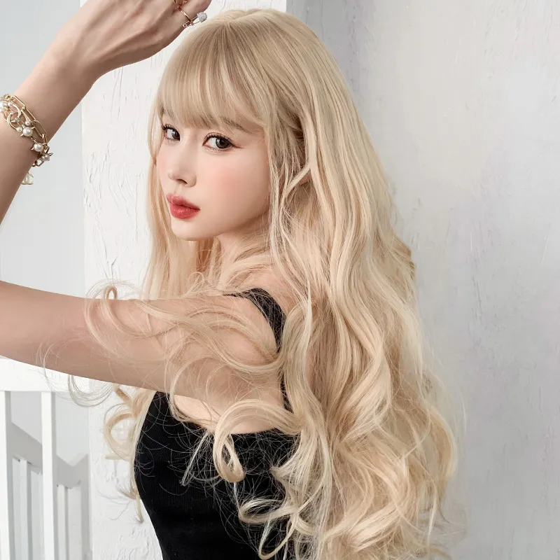 Women's light gold long curly headband with bangs,wig