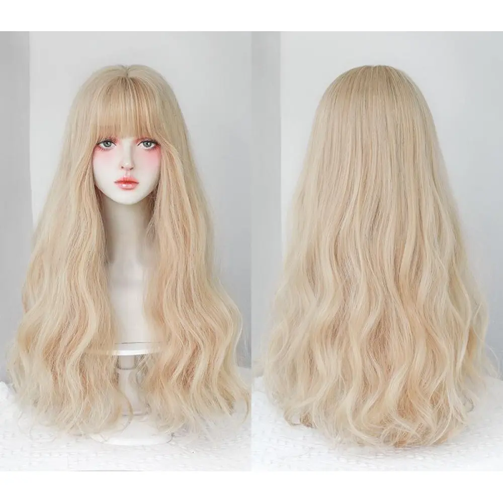 Women's light gold long curly headband with bangs,wig