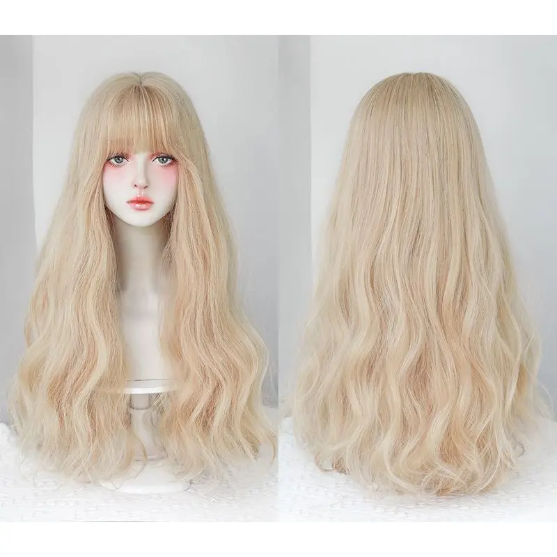 Women's light gold long curly headband with bangs,wig