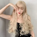 Women's light gold long curly headband with bangs,wig
