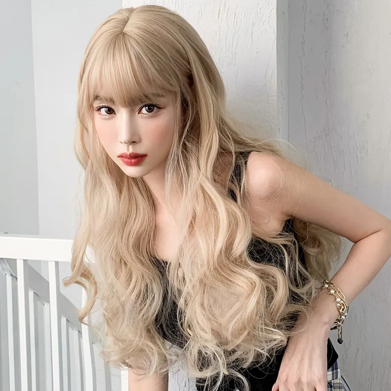Women's light gold long curly headband with bangs,wig