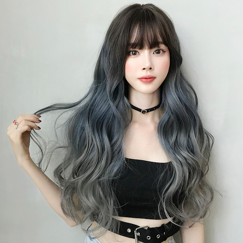 Cool and cute, gradually changed blue gray big wave,wig