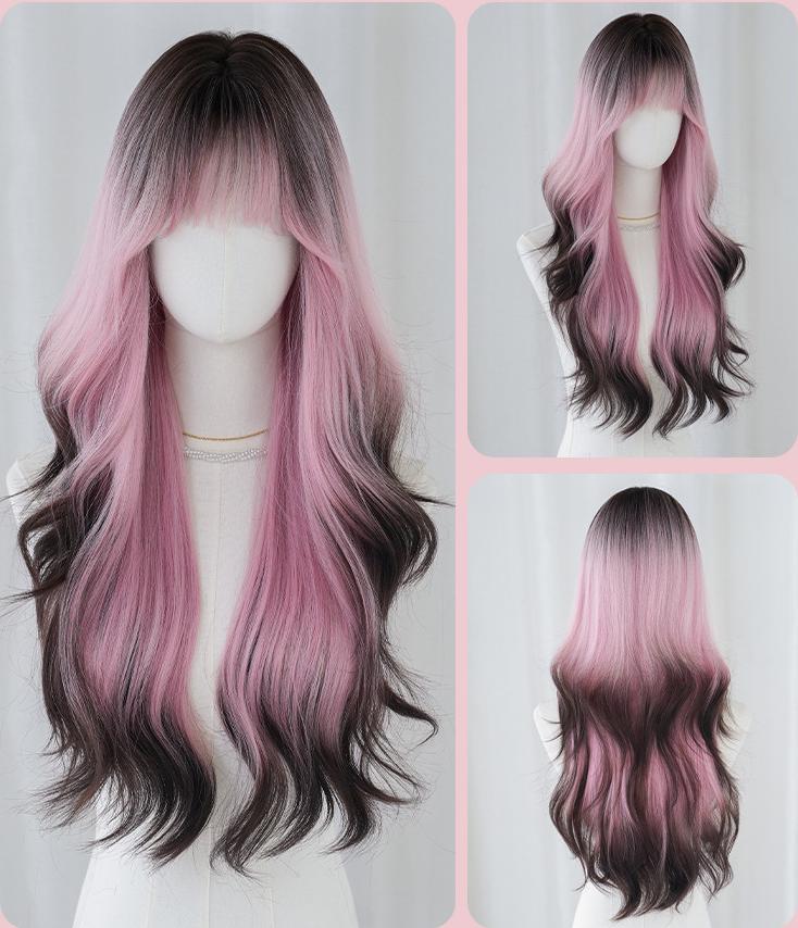 European and American women's pink coffee long curly hair,wig