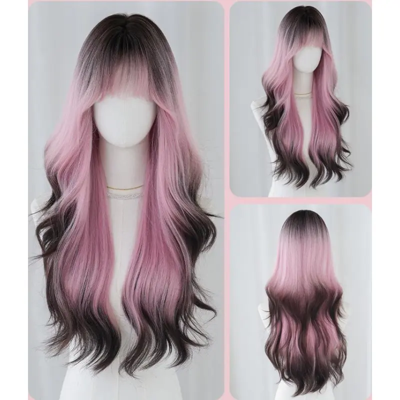 European and American women's pink coffee long curly hair,wig