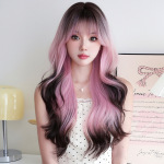 European and American women's pink coffee long curly hair,wig