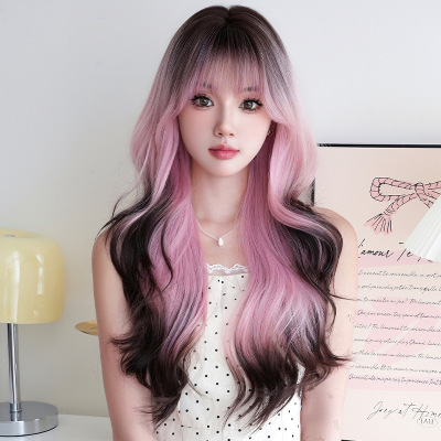 European and American women's pink coffee long curly hair,wig 01