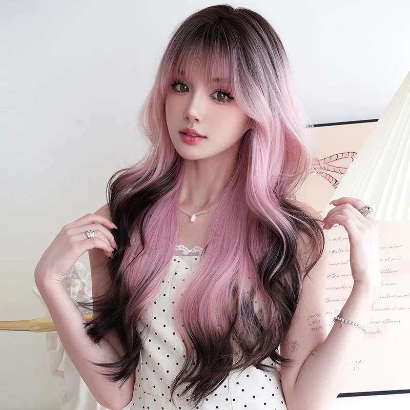 European and American women's pink coffee long curly hair,wig