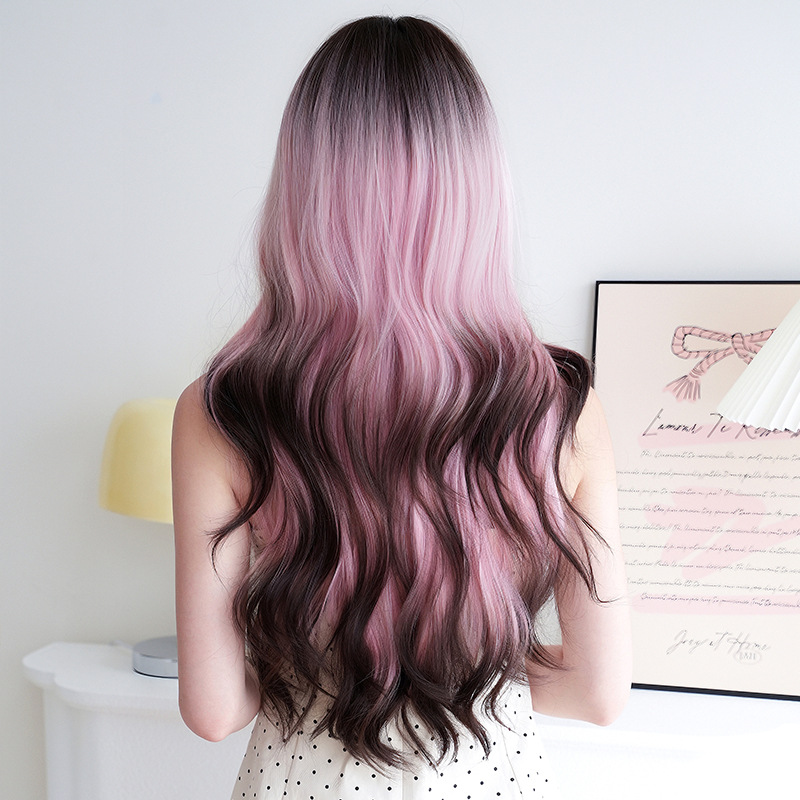 European and American women's pink coffee long curly hair,wig