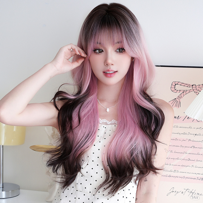 European and American women's pink coffee long curly hair,wig