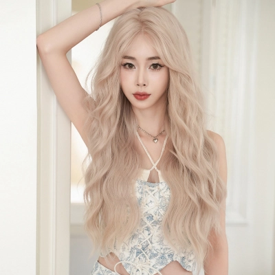 Girl group hair color Pink Platinum long curly hair,wig 01