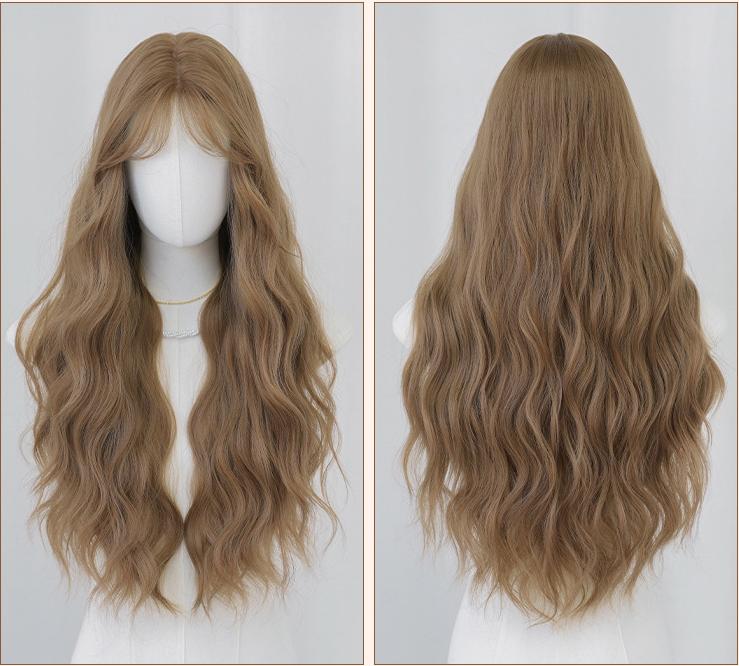 Hand woven linen milk tea with golden long curly hair,wig