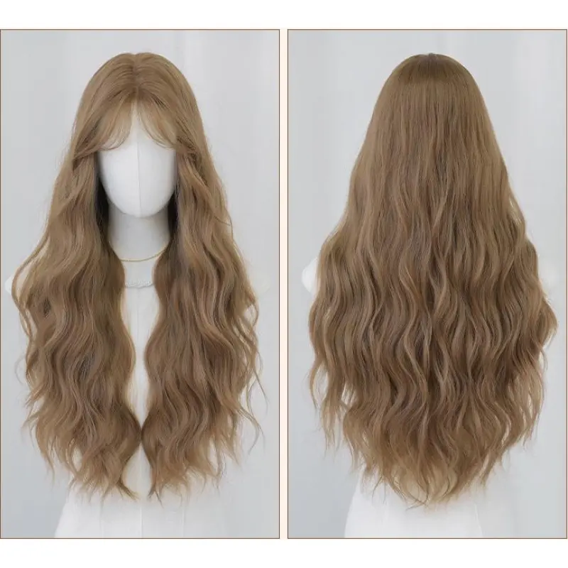 Hand woven linen milk tea with golden long curly hair,wig