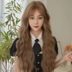 Hand woven linen milk tea with golden long curly hair,wig