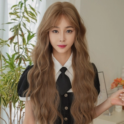 Hand woven linen milk tea with golden long curly hair,wig 01