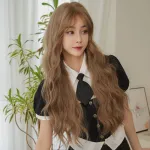 Hand woven linen milk tea with golden long curly hair,wig
