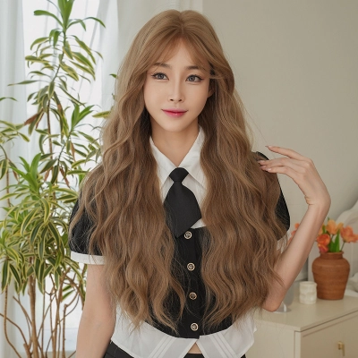 Hand woven linen milk tea with golden long curly hair,wig 02