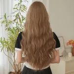 Hand woven linen milk tea with golden long curly hair,wig