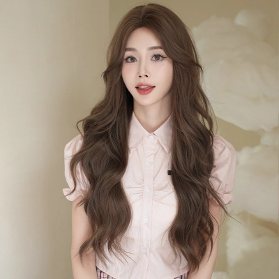 High cranial top cold gray tea brown toned long curly hair,wig 01