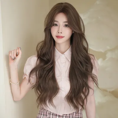 High cranial top cold gray tea brown toned long curly hair,wig 02