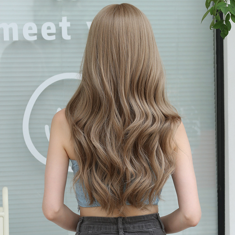 Linen light brown long curly hair with bangs,wig