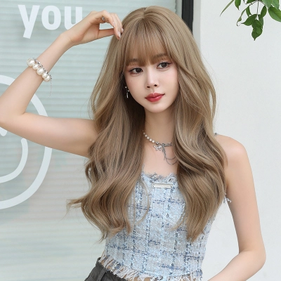 Linen light brown long curly hair with bangs,wig 02