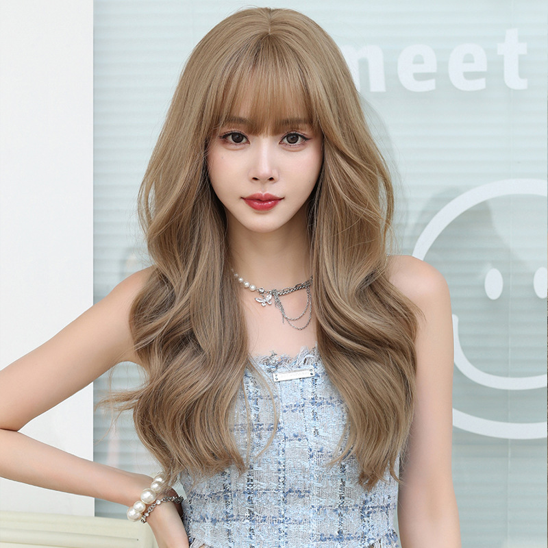 Linen light brown long curly hair with bangs,wig
