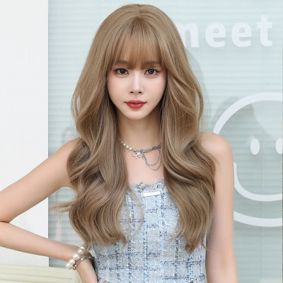 Linen light brown long curly hair with bangs,wig 01