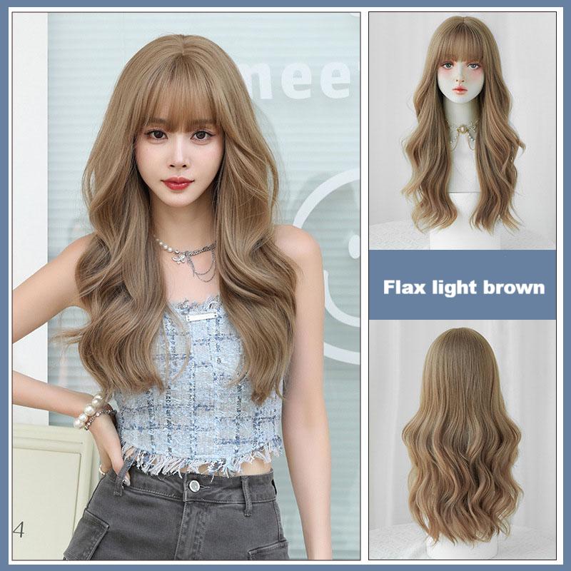 Linen light brown long curly hair with bangs,wig