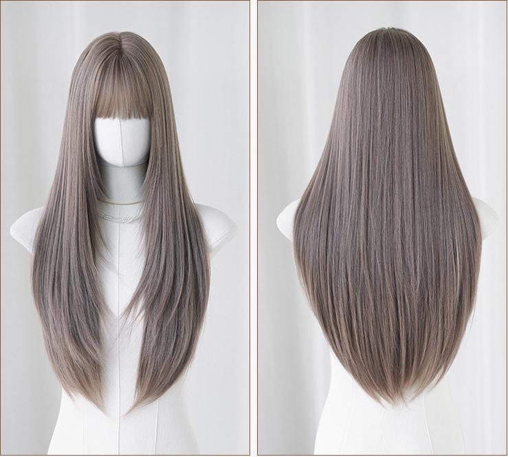 Thin vine pink purple long straight hair with bangs,wig