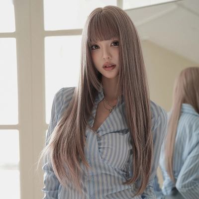 Thin vine pink purple long straight hair with bangs,wig 01