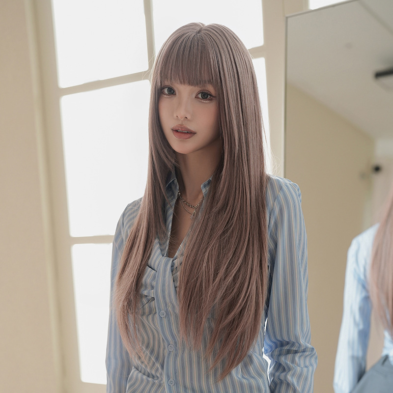 Thin vine pink purple long straight hair with bangs,wig