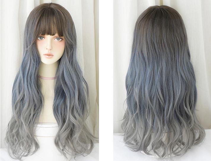 Atmosphere blue gray gradient long curly hair,wig