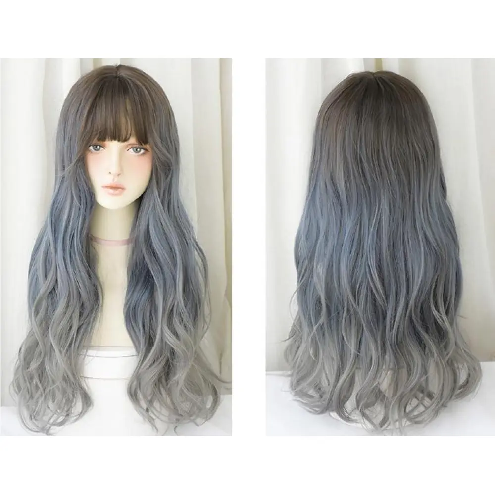 Atmosphere blue gray gradient long curly hair,wig