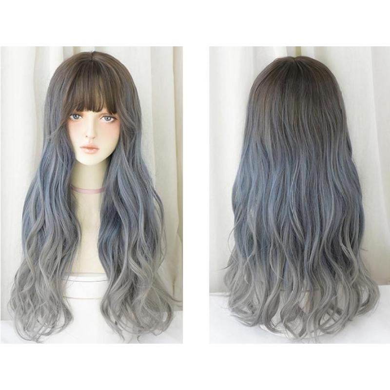 Atmosphere blue gray gradient long curly hair,wig
