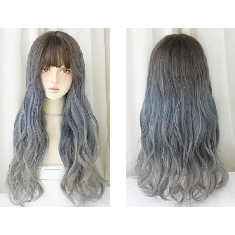 Atmosphere blue gray gradient long curly hair,wig