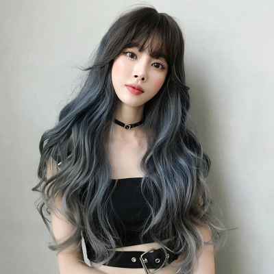 Atmosphere blue gray gradient long curly hair,wig 02
