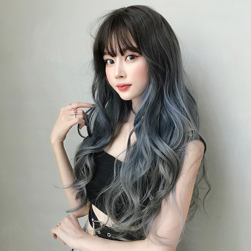 Atmosphere blue gray gradient long curly hair,wig