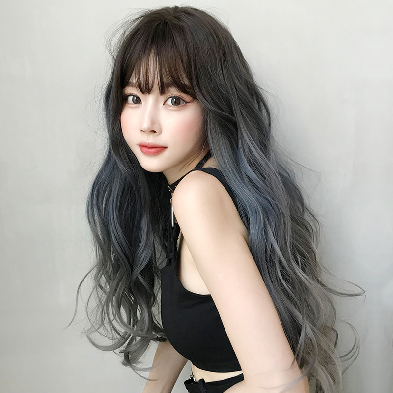 Atmosphere blue gray gradient long curly hair,wig